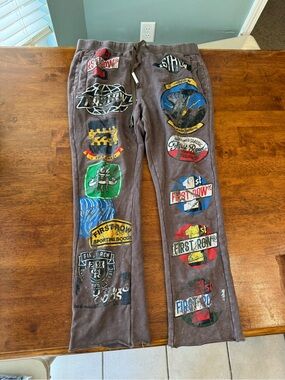First Row Washed Jogger Sweatpants Mens Brown Multi Patch Graphic Streetwear L